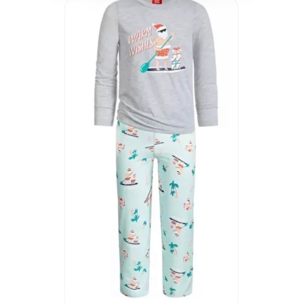 Kids 2PC Pajama Set Warm Wishes Santa Tropical Gray Green 4-5 NWT